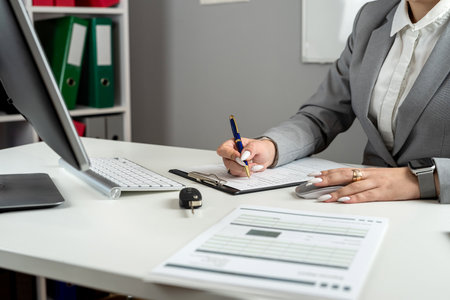 Woman manager prepare to sign papers documents to purchase or rest car in dealership office. Car finance and insurance conceptの写真素材