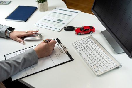 Female leasing consultant prerare document for sign to sale or rent car in the office. Purchase vehicle conceptの写真素材