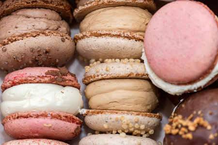 Sweet french delicious dessert macaroons on box background. Bakery conceptの写真素材