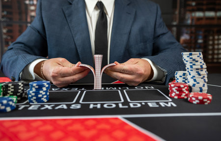 close up man hand with poker card at casino table. Gambling conceptの写真素材