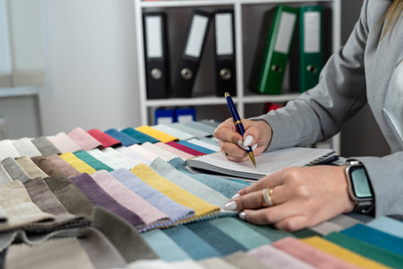 woman designer choose at tissue samples best bright color for a new furniture at home. Fabric...