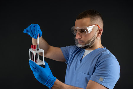 Man male doctor in blue uniform with blood testing tube isolated on black background. Epidemic pandemic coronavirus 2019-ncov sars covid-19の写真素材