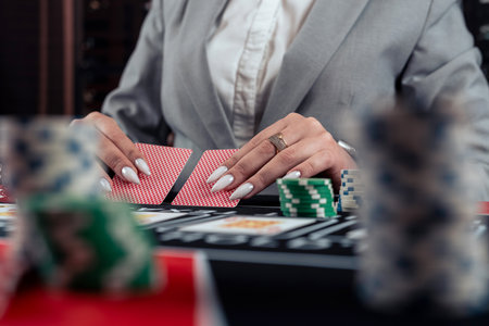 woman play poker at casino. Woman stakes of chips playing in poker. Gambling concept