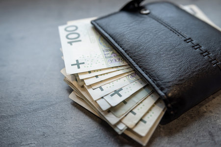200 100 zloty banknotes in a black male wallet. Home budget and finance saving conceptの写真素材
