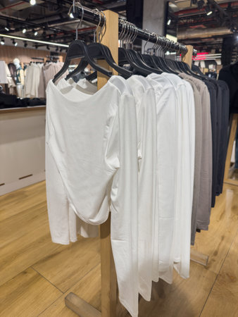 Women's shirt clothes new season lined up on the hanger. Women's clothing boutique.