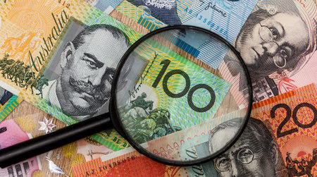 Different Australian banknotes bills under magnifying glass. Aussie currency. Finance conceptの写真素材