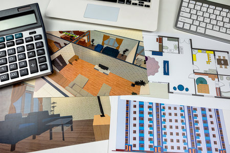 material laminate veneer wooden with paper blueprint house sketch, interior project design
