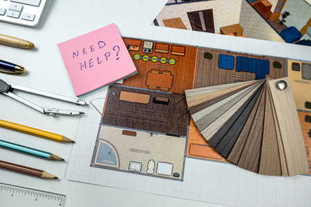 material laminate veneer wooden with paper blueprint house sketch, interior project designの写真素材