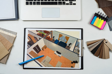Architectural materials blueprints laptop tools and color sampler for renovation. Flat lay design of creative interior designの写真素材