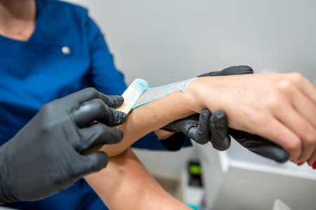 beautician doing cosmetological procedure epilation with hot sugar gel wax in hand arm in her female client. Sugaring. Healthcare conceptの写真素材