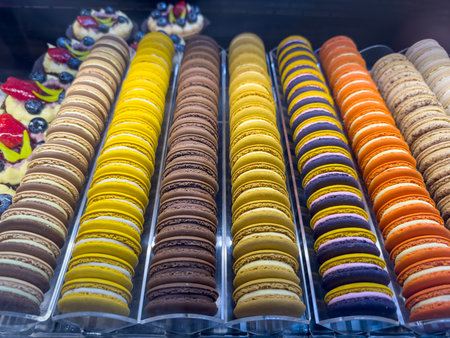 Fresh colorful sweet mini macarons, french dessert. Bakery food deliciousの写真素材