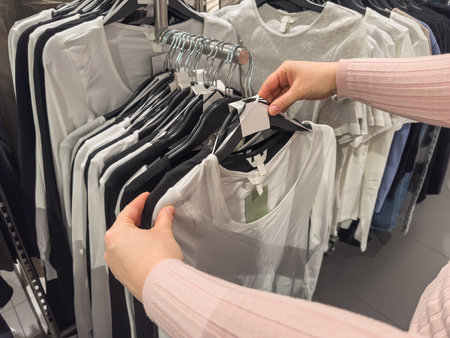 close up female hand looking through hangers with different casual in clothes store. Shopping and consumerism concept.の写真素材