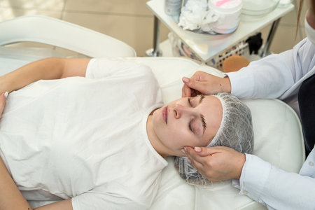 female cosmetologist doing relax massage woman face and neck with hands. Concept of rejuvenation procedure at spaの写真素材