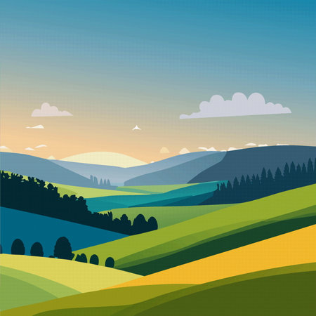Beautiful summer green fields landscape blue sky on background  vector illustration  10 epsのイラスト素材