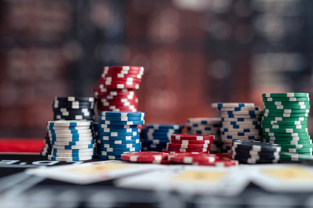 Concept of poker game card with chips on desk. Gambling, betting concept