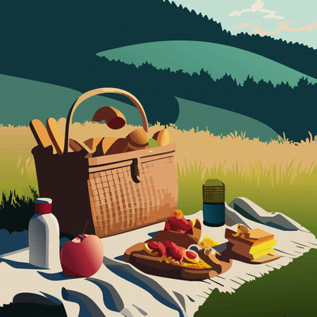 summer picnic in tablecloth with basket food, fruits in outdoor landscape  vector illustration 10 epsのイラスト素材
