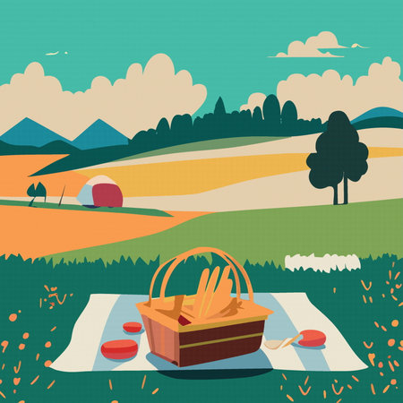 Summer time for picnic set up basket with healthy food on landscape background illustration vector 10 epsのイラスト素材