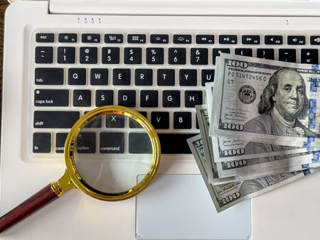 Basic Budgeting Tips with magnifying glass on  laptop with us dollar money. Saving concept