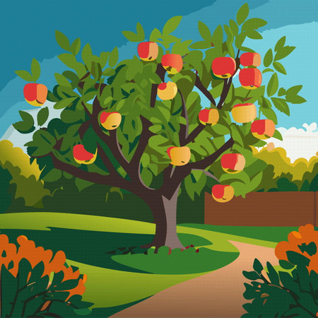 Green apple orchard with harvest as summer landscape. Horticulture concept Vector illustration 10 epsのイラスト素材