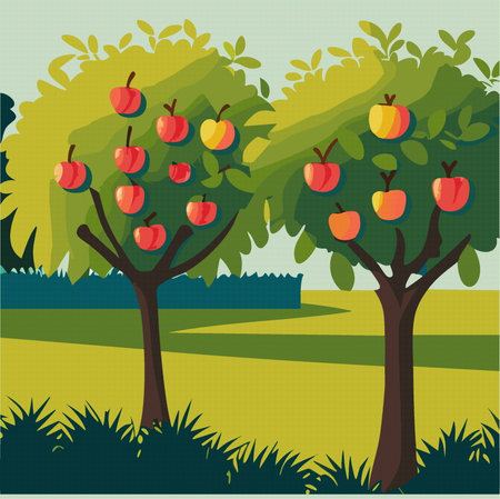 summer landscape apple orchard grden with green apple trees Vector illustration 10 epsのイラスト素材