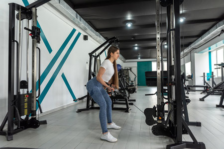 caucasian fitness woman doing execute exercise work-out with machine in gym. Workout process