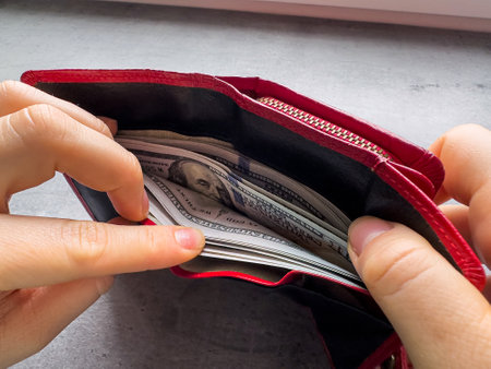 close up female hand takes out dollars from wallet. Saving or purchase concept. USDの写真素材
