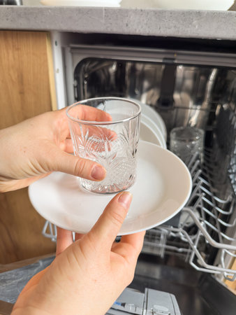 close up woman taking out clean dishes from dishwasher machine. Housewife does her houseworkの写真素材