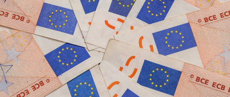 Finance background of pile EU euro paper bills, exchange or saving