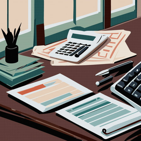 Desktop background workplace with calculator pen and finance document, vector.のイラスト素材