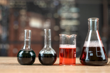 Nobody, laboratory experiments with different sizes flasks with liquids. Chemistry conceptの写真素材