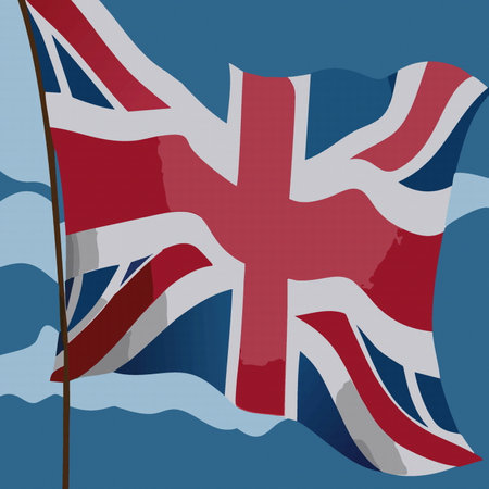 wave United Kingdom flag on flagpole on blue background, national independence day illustration vector 10 epsのイラスト素材
