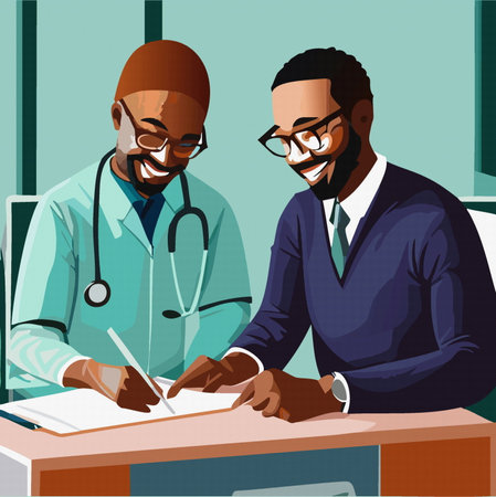 Man doctor talk discuss results or symptoms with his patient in office. Vectorのイラスト素材