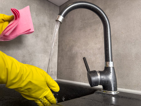 close up housewife in yellow gloves wiping a kitchen faucet with a sponge. Dishwashing conceptの写真素材