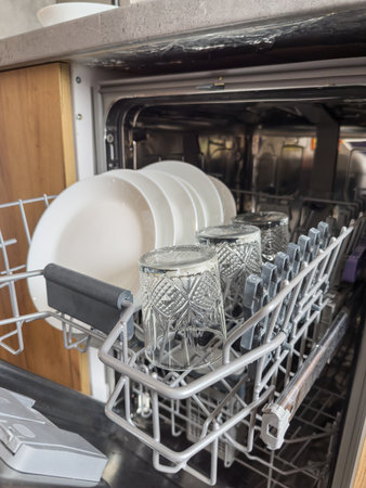 Open dishwasher with clean utensils in it plates, glasses cups. Home cleaning processの写真素材