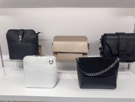 New expensive stylish leather female bag on shelf in boutique. Woman accessory fashionの写真素材