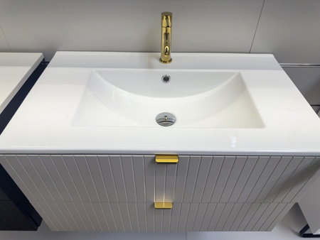 modern new sink and faucet in the bathroom. Product display backdropの写真素材