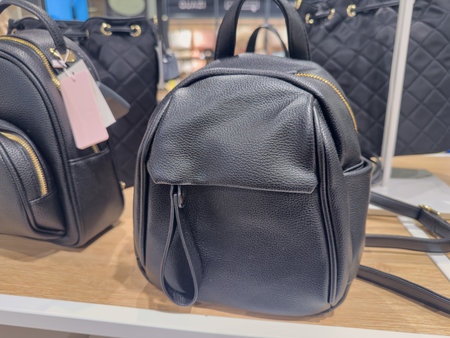 New expensive stylish leather female bag on shelf in boutique. Woman accessory fashion