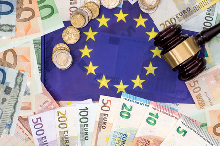 financial judgment with judge's gavel different Euro banknotes. European Union money. Law conceptの写真素材