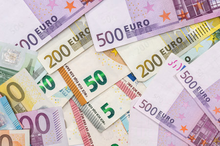 EU heap of euro bills cash money, finance background. Wealth and saving concept. Currency of the european unionの写真素材