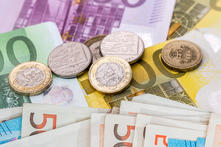 different euro paper note with metal cents coins. Economy conceptの写真素材