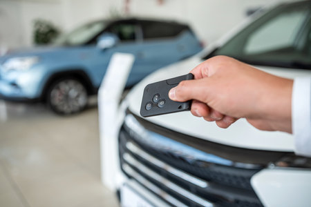 Close up of dealer hand holding key against new auto at showroom. success dealの写真素材