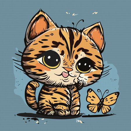 Funny kitten looks and play with a flying butterfly, vectorのイラスト素材