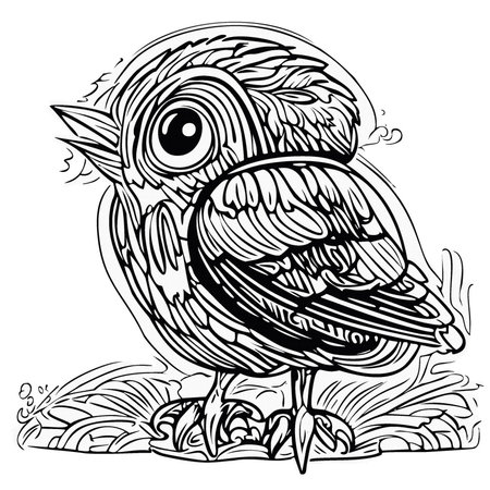 cartoon bird white and black vector, coloring page for kids outlineのイラスト素材