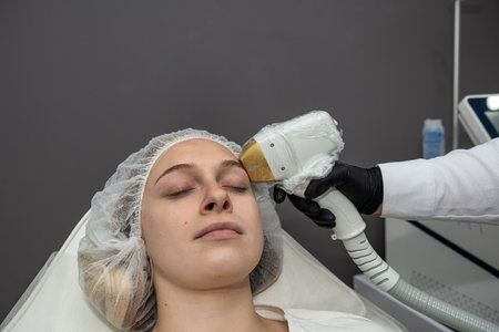 young woman lies in spa center and receives laser hair removal procedure. Cosmetology conceptの写真素材