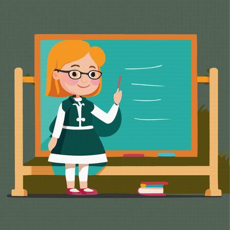 Woman teacher stands near blackboard. Education and Back to school concept.  illustrationのイラスト素材