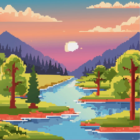 summer time for trip forest reflecting in a river or lake with mountain range in the background. Vector illustrationのイラスト素材
