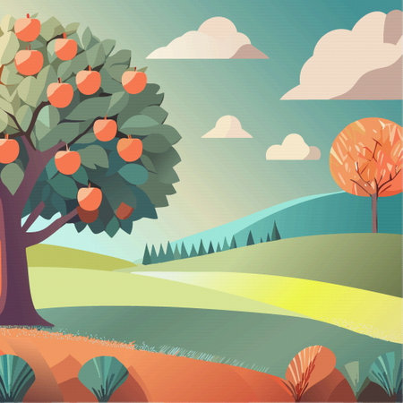 Summer landscape background with apple tree with red apple fruit. Vector illustration 10eps aのイラスト素材