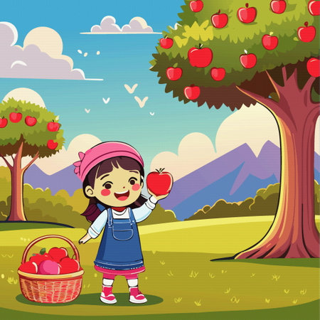 Girl farmer stand near apple tree. Concept of harvest apple and feel happy Illustration  vectorのイラスト素材