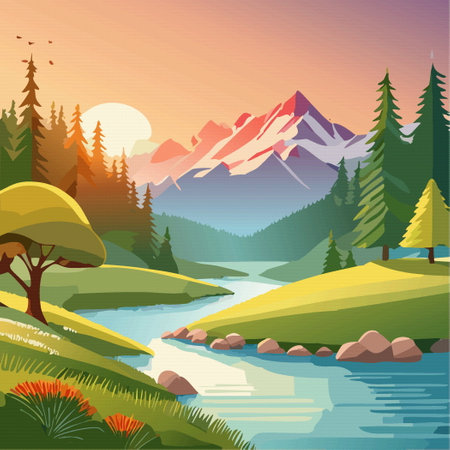 Summer nature landscape with lake and forest, sunset in the mountains above the lake. Vector illustrationのイラスト素材