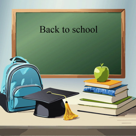 Back to school. Chalkboard with school supplies backpack. Concept of education. Vector illustrationのイラスト素材
